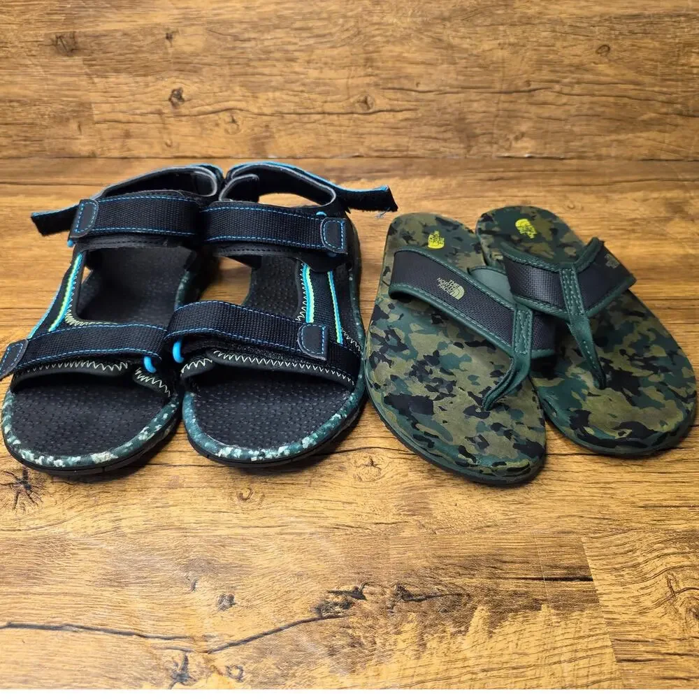 Boys Size 4 North Face Camo Flip flops Black Adjustable Sandals